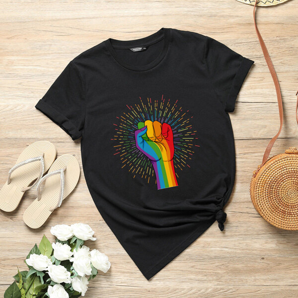 

Plus LGBTQIA Rainbow Stripe And Hand Print Tee, Black