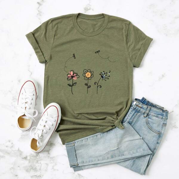 

Plus Floral Print Tee, Army green