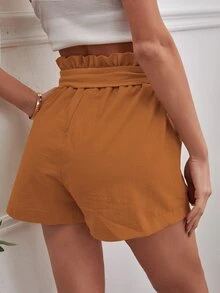 SHEIN Essnce 素色紙包腰腰帶短褲 - 亮橙色 - 查看 2