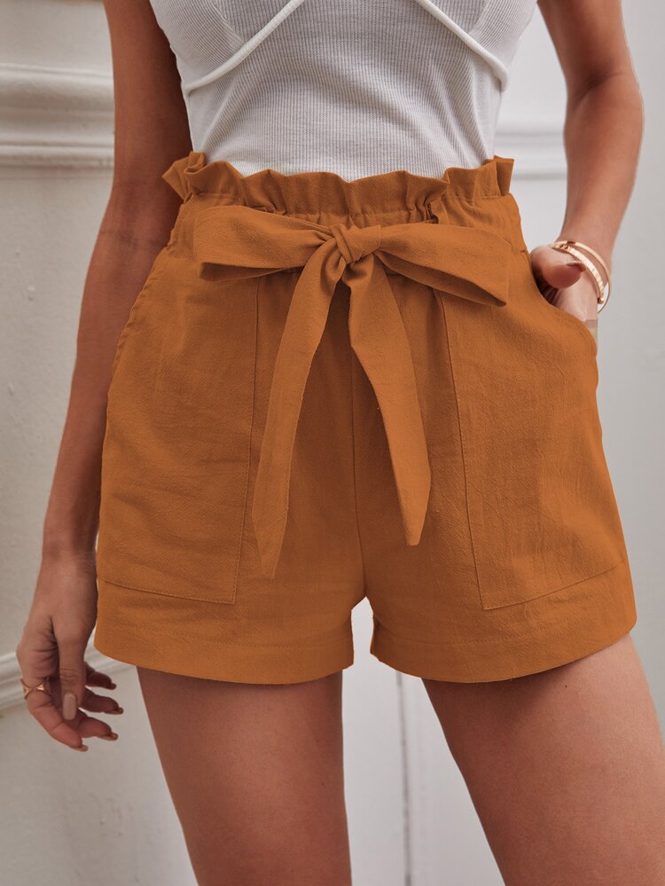 SHEIN Essnce Solid Paper Bag Waist Belted Shorts - Burnt Orange - View 3