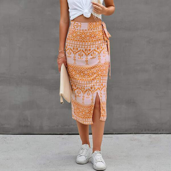 

Split Hem Geo Print Skirt, Orange