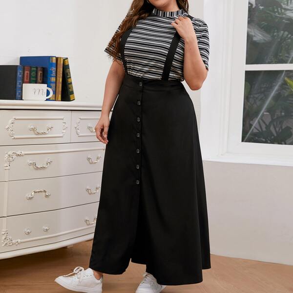

Plus Striped Mock Neck Tee With Pinafore Skirt, Multicolor