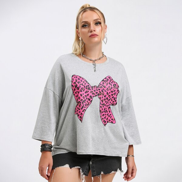 

Plus Leopard & Bow Print Tee, Light grey