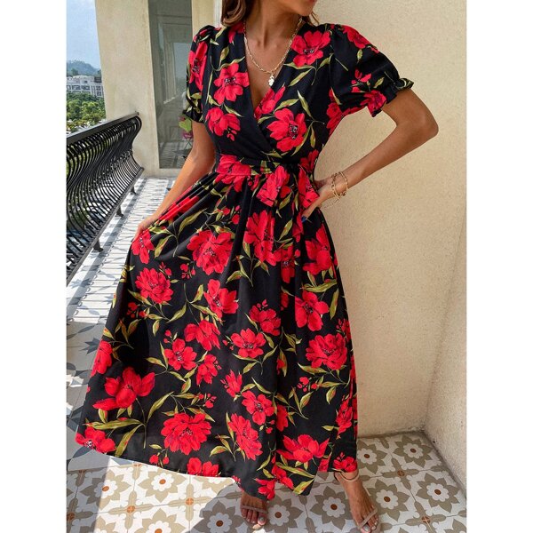 

Allover Floral Print Maxi Belted Dress, Red
