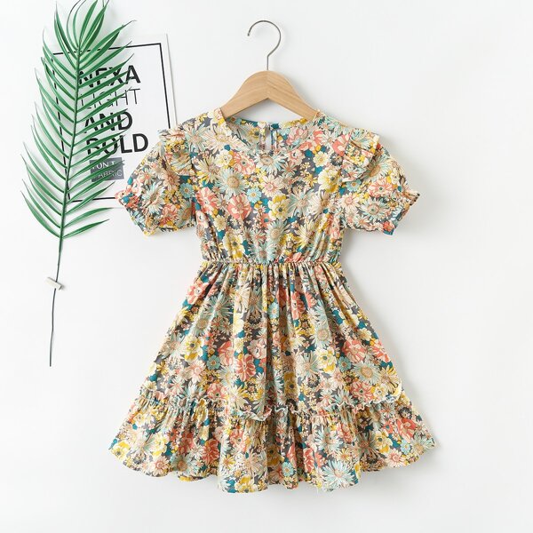 

Girls Floral Ruffle Trim Flowy Dress, Multicolor