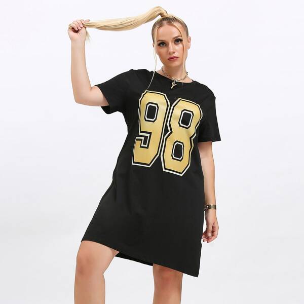 

Plus Number Print Tee Dress, Black