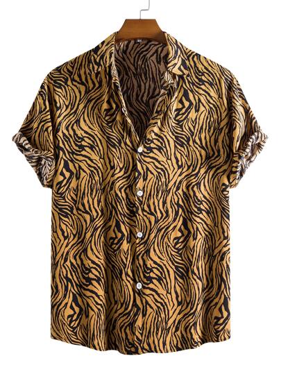 Manfinity Roughcore Men Random Zebra Striped Print Button Up Shirt Slim Fit Short Sleeve Collar Graphic Colorful Shirt