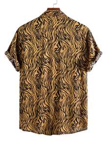 Manfinity LEGND 男士隨機斑馬條紋印花扣環襯衫修身短袖領圖案彩色襯衫 - 彩色 - 查看 2