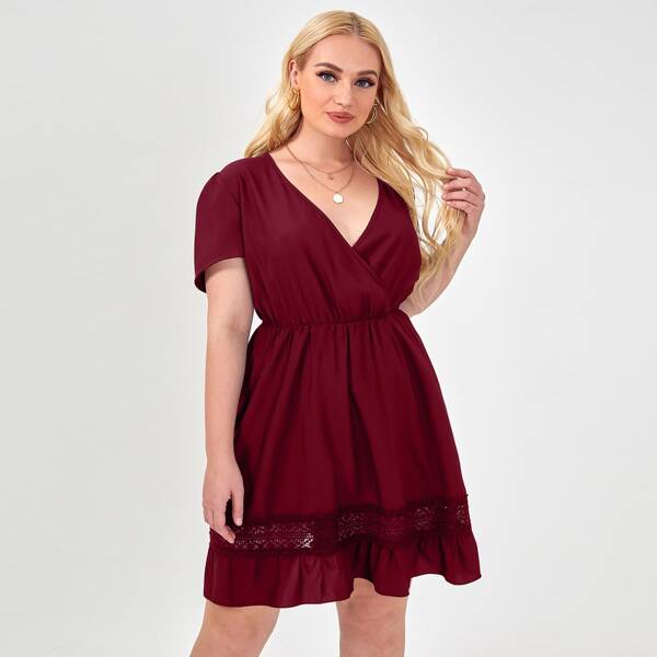 

Plus Contrast Lace Surplice Front Ruffle Hem Dress, Burgundy