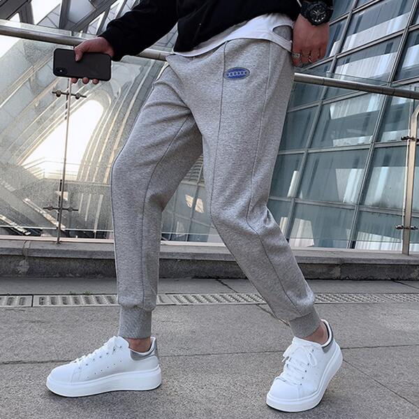 

Men Patched Drawstring Waist Sweatpants, Light grey