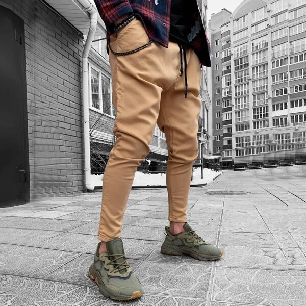 

Men Drawstring Waist Tapered Pants, Khaki