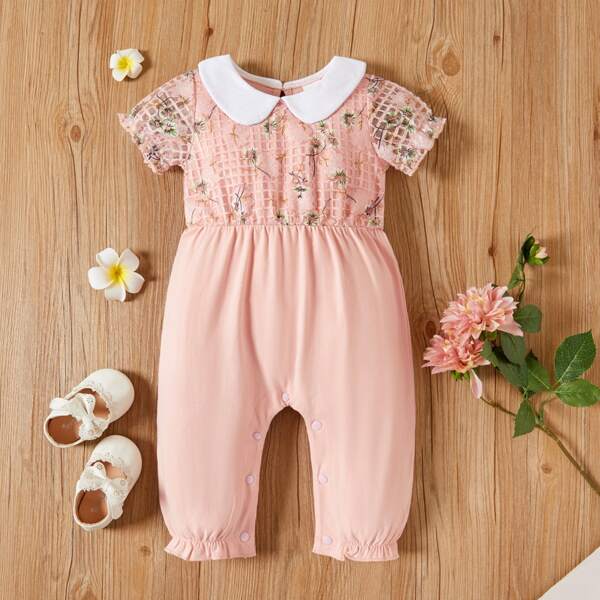 

Baby Girl Floral Contrast Peter Pan Collar Jumpsuit, Baby pink