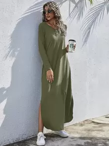 SHEIN LUNE 素色開衩T恤連衣裙 - 軍綠色 - 查看 1