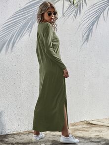 SHEIN LUNE 素色開衩T恤連衣裙 - 軍綠色 - 查看 2