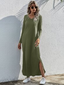 SHEIN LUNE 素色開衩T恤連衣裙 - 軍綠色 - 查看 3