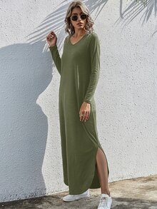 SHEIN LUNE 素色開衩T恤連衣裙 - 軍綠色 - 查看 4