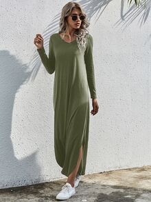 SHEIN LUNE 素色開衩T恤連衣裙 - 軍綠色 - 查看 5