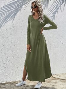 SHEIN LUNE 素色開衩T恤連衣裙 - 軍綠色 - 查看 6
