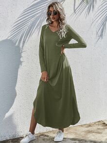 SHEIN LUNE 素色開衩T恤連衣裙 - 軍綠色 - 查看 7