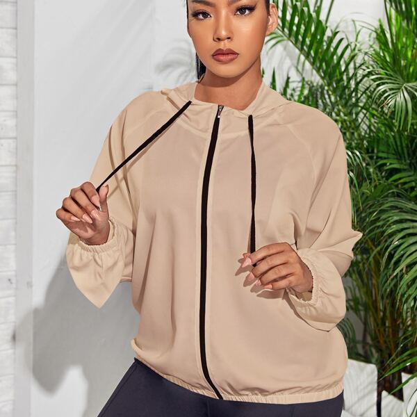

Plus Raglan Sleeve Drawstring Zip-up Sports Jacket, Apricot