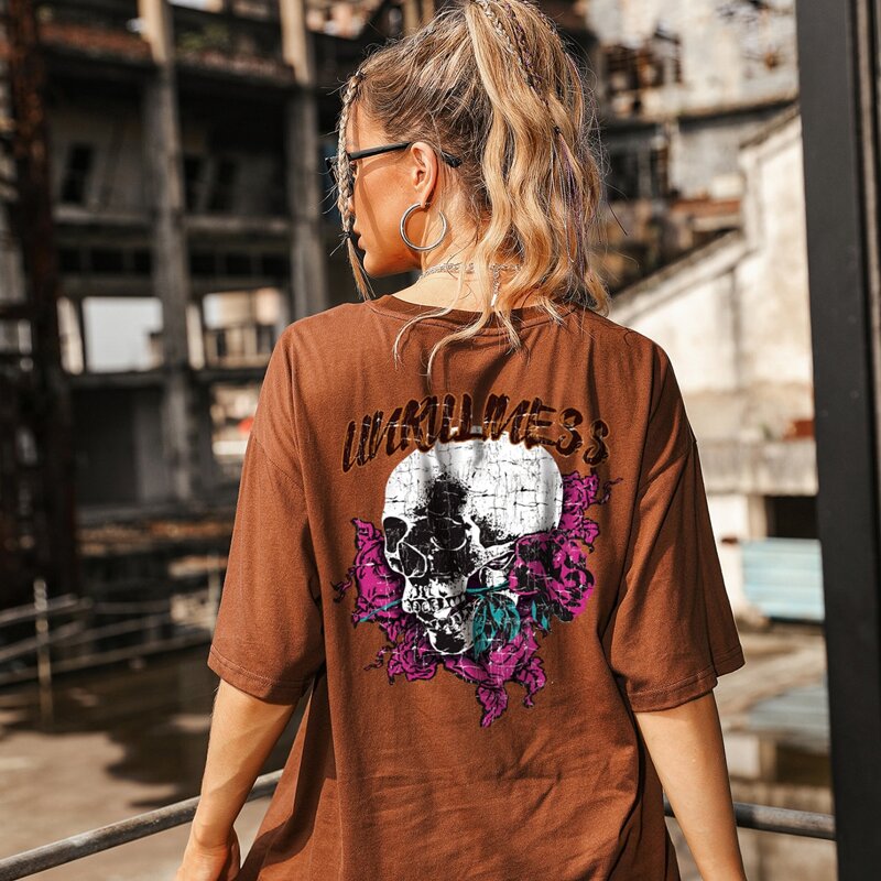 

Floral And Skull Print Oversized Tee, Coffee brown