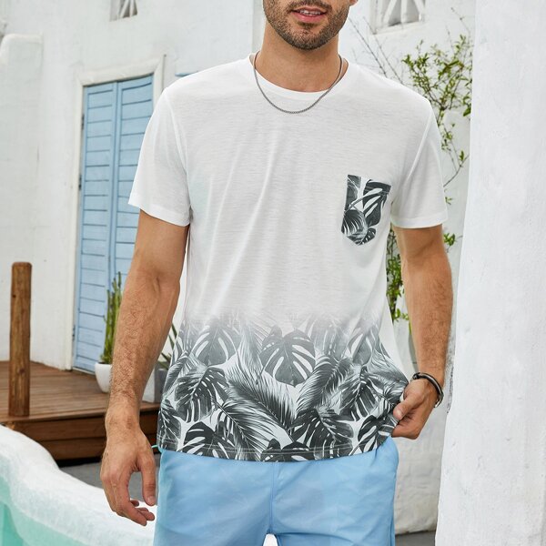 

Men Tropical Print Pocket Front Tee, White