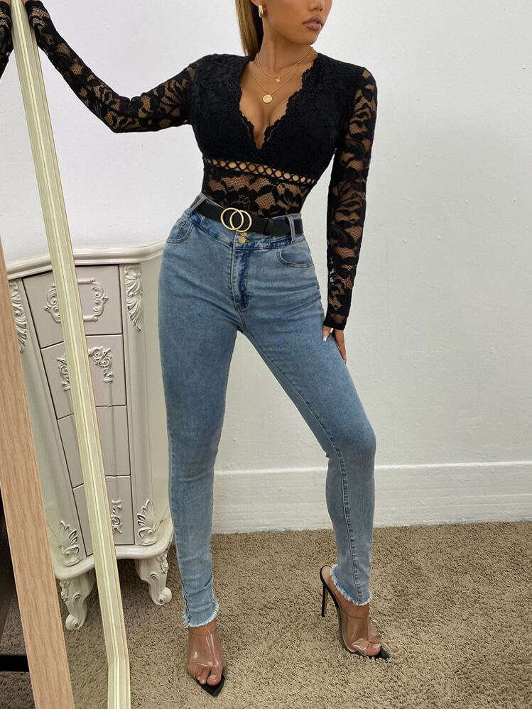 Chiquease 深V領薄透蕾絲連身背心 - 黑色 - 查看 5