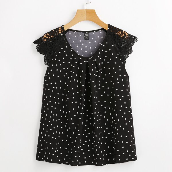 

Plus Polka Dot Contrast Lace Blouse, Black
