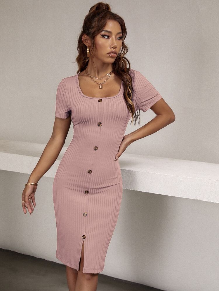 Ribbed Button Front Bodycon Dress - Dusty Pink - View 3