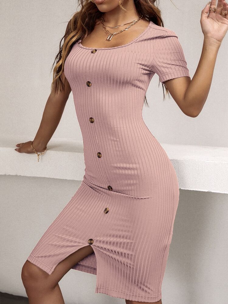 Ribbed Button Front Bodycon Dress - Dusty Pink - View 6