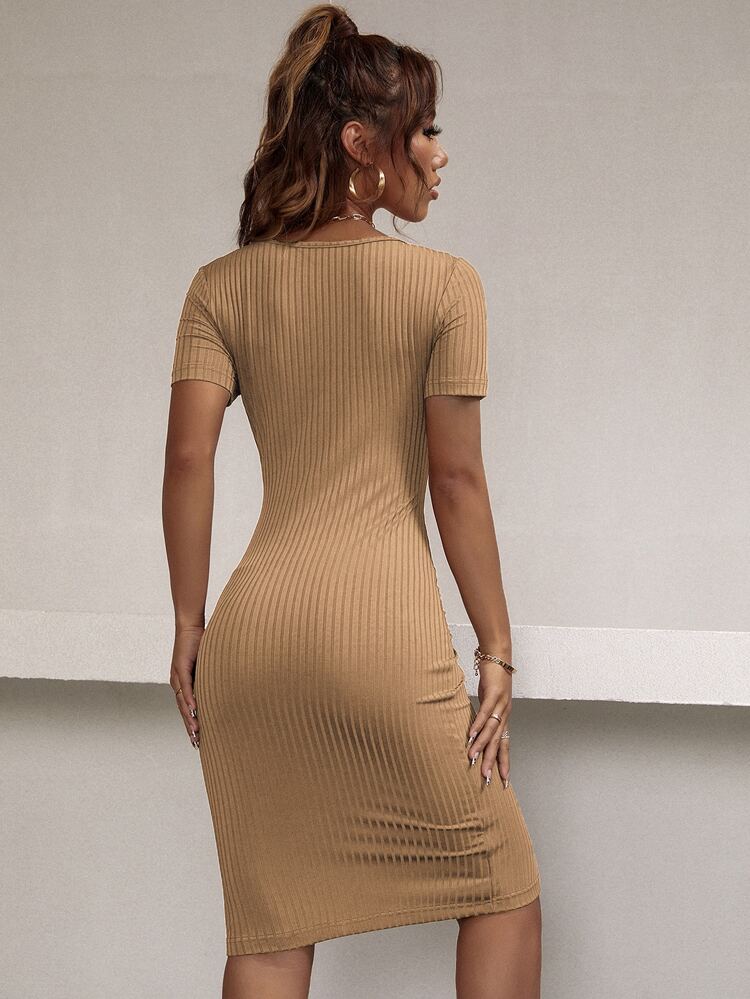 Ribbed Button Front Bodycon Dress - Khaki - View 2