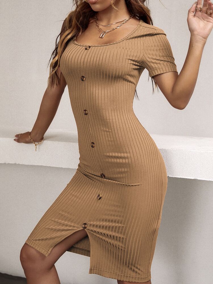 Ribbed Button Front Bodycon Dress - Khaki - View 4