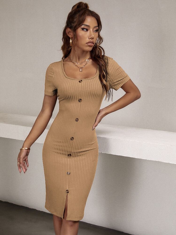Ribbed Button Front Bodycon Dress - Khaki - View 6