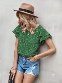 SHEIN LUNE 波卡圓點蝴蝶袖襯衫 - 綠色 - 查看 3