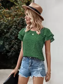 SHEIN LUNE 波卡圓點蝴蝶袖襯衫 - 綠色 - 查看 4