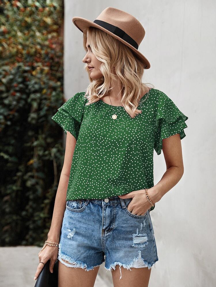 SHEIN LUNE 波卡圓點蝴蝶袖襯衫 - 綠色 - 查看 5
