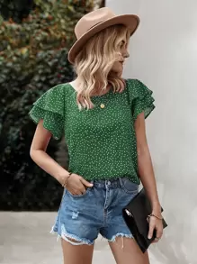 SHEIN LUNE 波卡圓點蝴蝶袖襯衫 - 綠色 - 查看 6