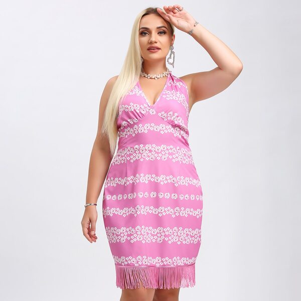 

Plus Floral Print Fringe Trim Halter Dress, Pink