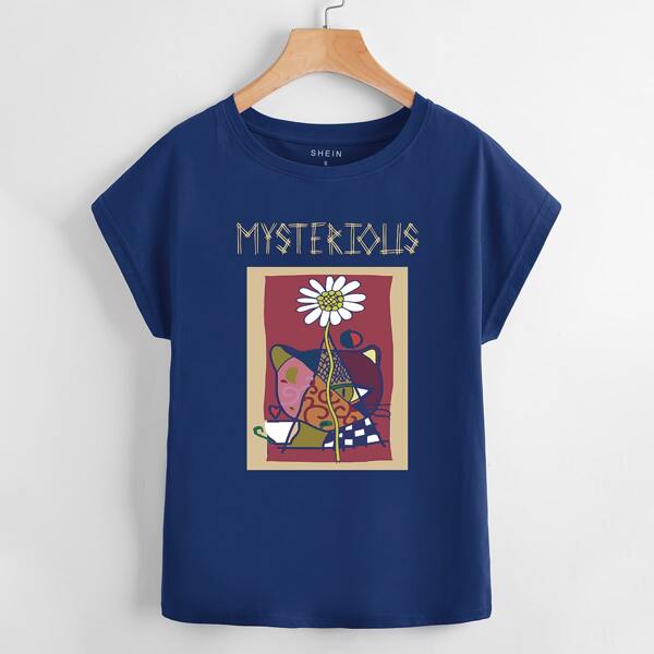 

Letter & Floral Print Tee, Navy blue