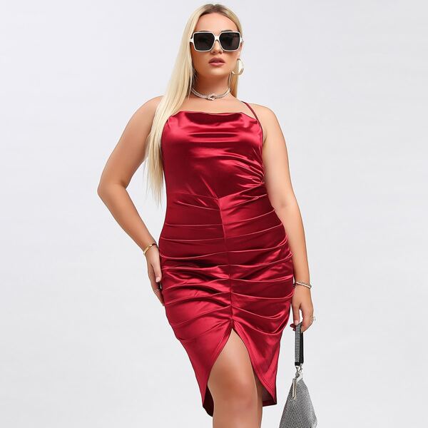 

Plus Ruched Halter Satin Dress, Burgundy