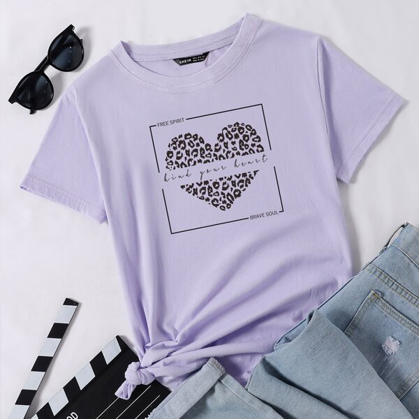 

Heart And Letter Graphic Short Sleeve Tee, Purple