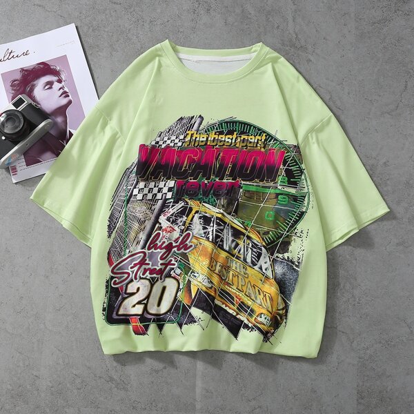 

Men Letter And Car Print Tee, Green