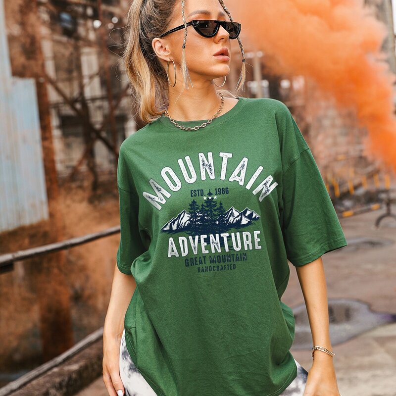 

Mountain And Letter Graphic Oversized Tee, Green