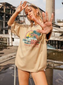 Car And Letter Graphic Print Drop Shoulder Tee