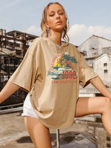 Car And Letter Graphic Print Drop Shoulder Tee