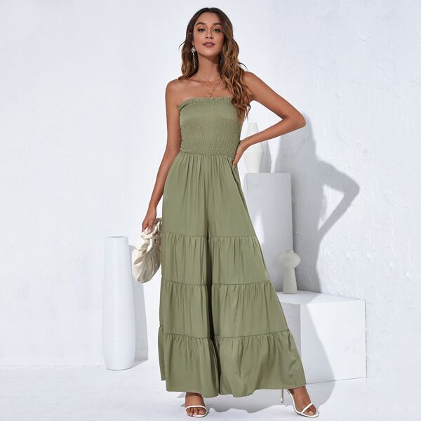 

Shirred Bust Ruffle Hem Tube Jumpsuit, Army green