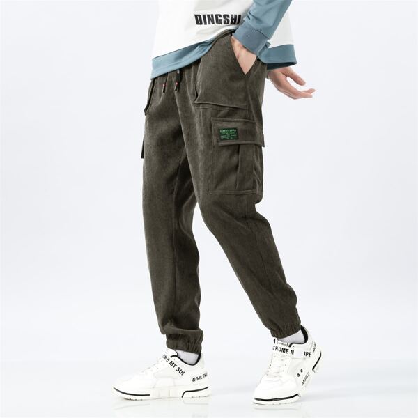 

Men Letter Patched Flap Pocket Cargo Pants, Army green