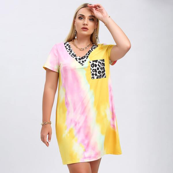 

Plus Leopard Pocket V-Neck Tie Dye Tee Dress, Multicolor