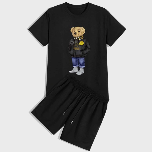

Men Cartoon Graphic Tee & Track Shorts, Black