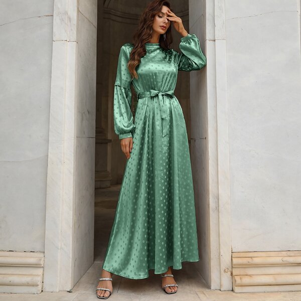 

Satin Polka Dot Belted A-line Dress, Green